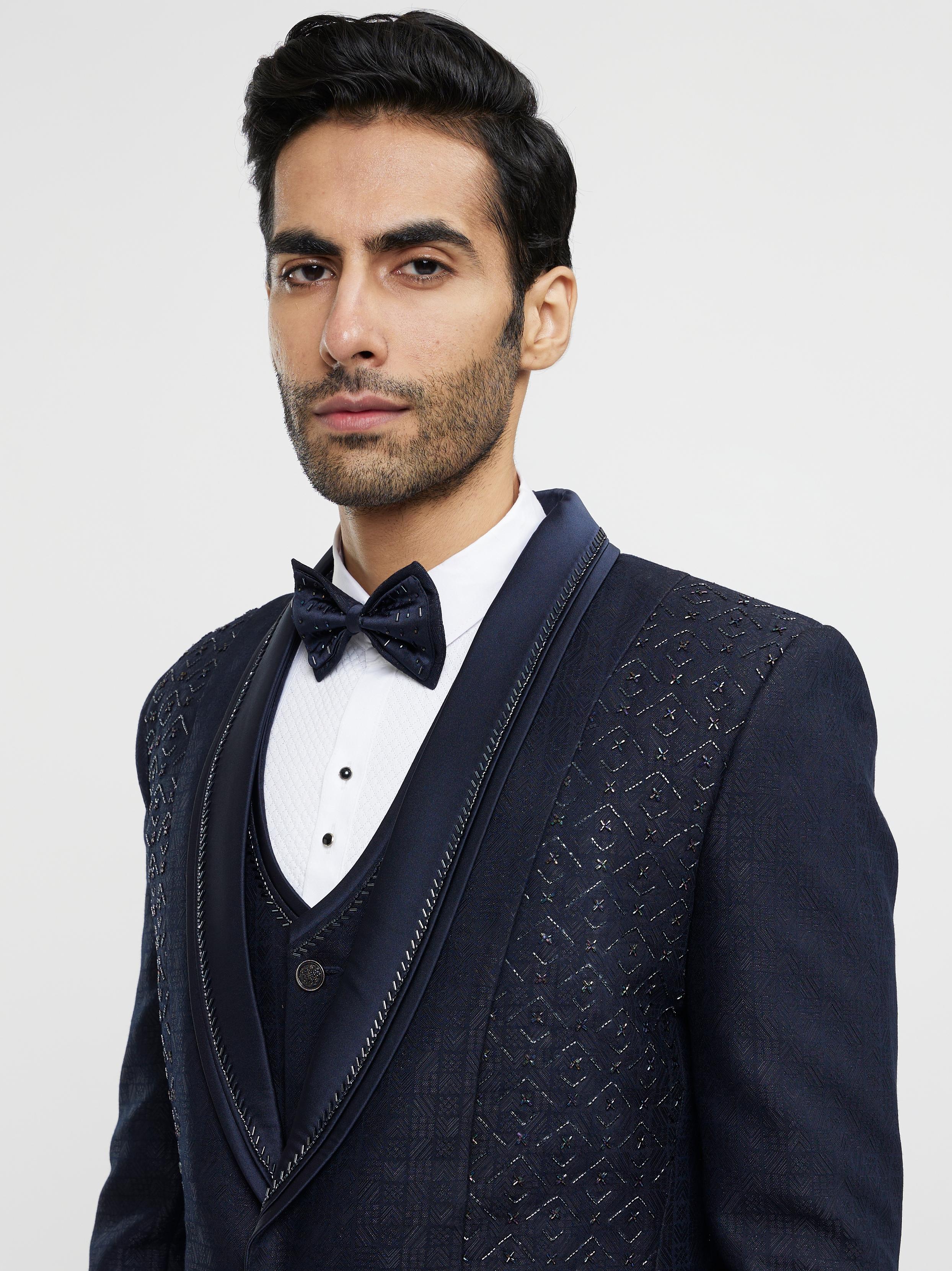 Twamev Men Midnight Blue Jaal Patterned Suit Set with Sequin Work