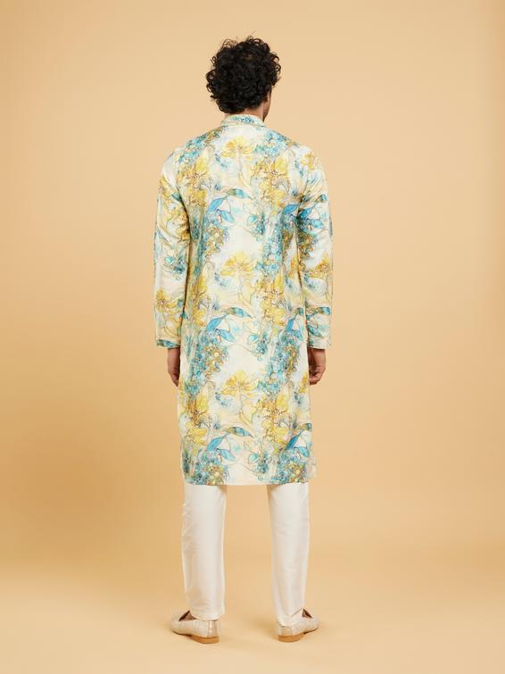 Twamev Men Turquoise Blue Yellow Kurta Pajama