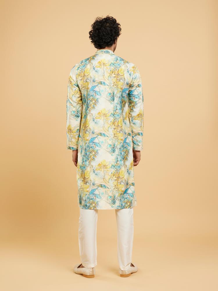 Twamev Men Turquoise Blue Yellow Kurta Pajama