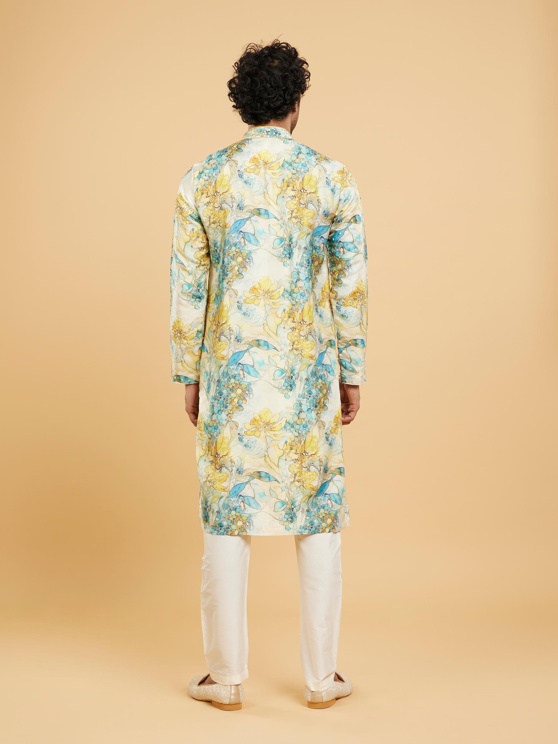 Twamev Men Turquoise Blue Yellow Kurta Pajama