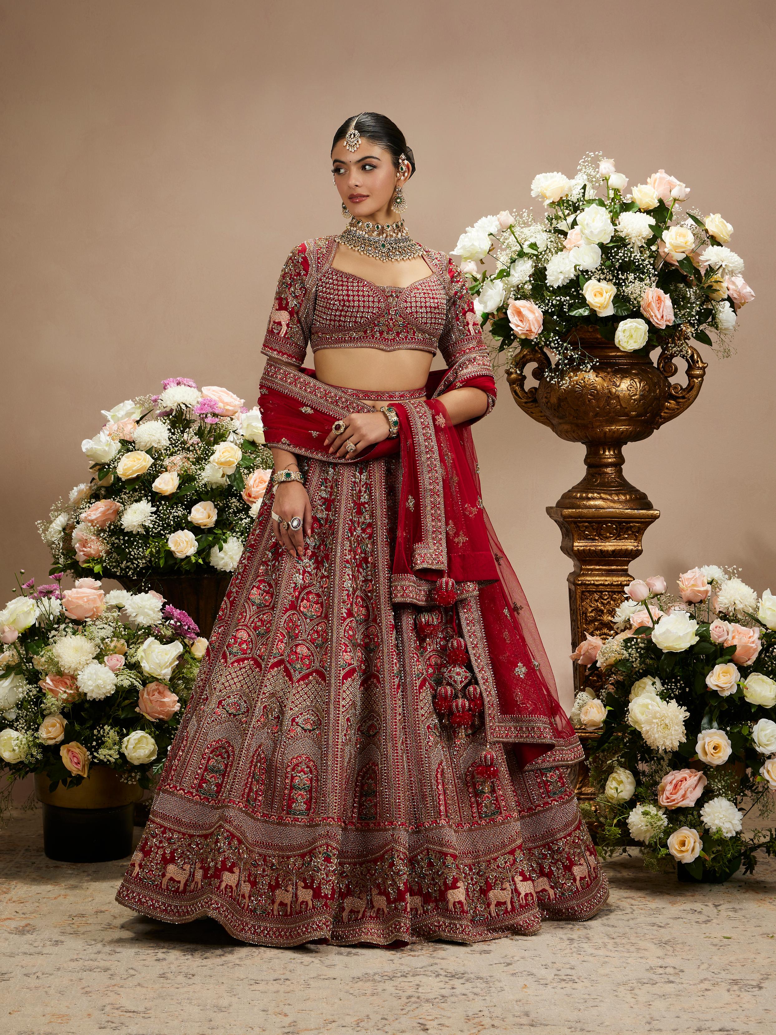 Twamev Women Scarlet Red Darbar Patterned Lehenga with Scallop Motifs, Floral And Bagh Embroidery