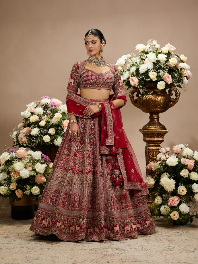 Twamev Women Scarlet Red Darbar Patterned Lehenga with Scallop Motifs, Floral And Bagh Embroidery