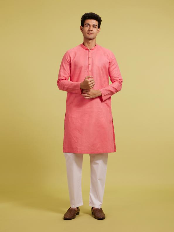 Diwas Men Rani Pink Self Striped Patterned Kurta
