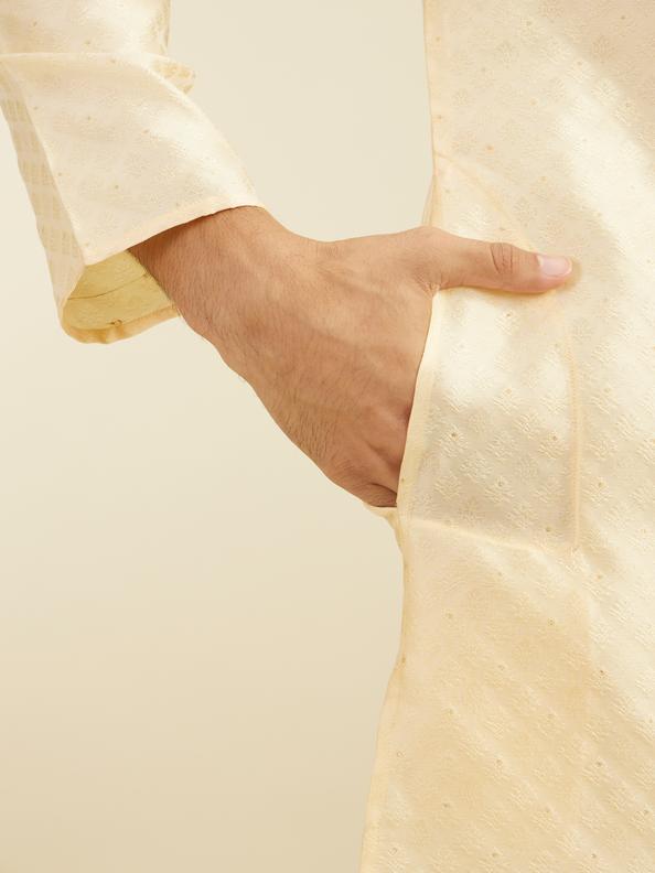 Diwas Men Sand Beige Grid Patterned Kurta with Embroidered Placket