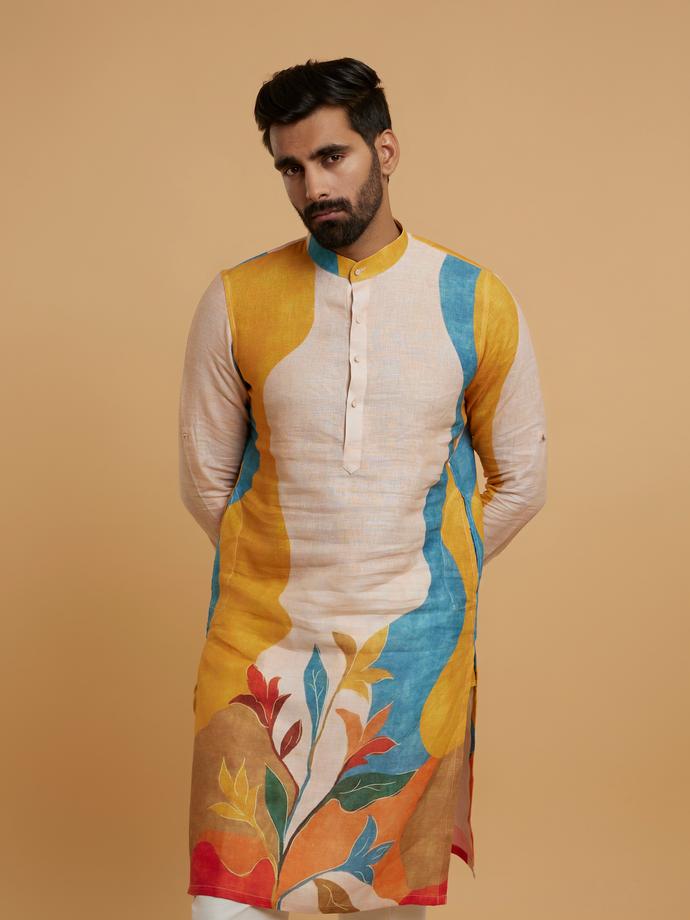 Twamev Men Gleaming Mustard Yellow Kurta Pajama