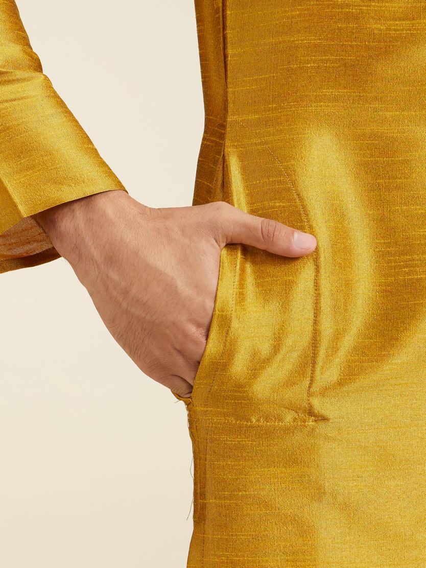 Diwas Men Mustard Yellow Self Textured Kurta with Embroidered Neckline