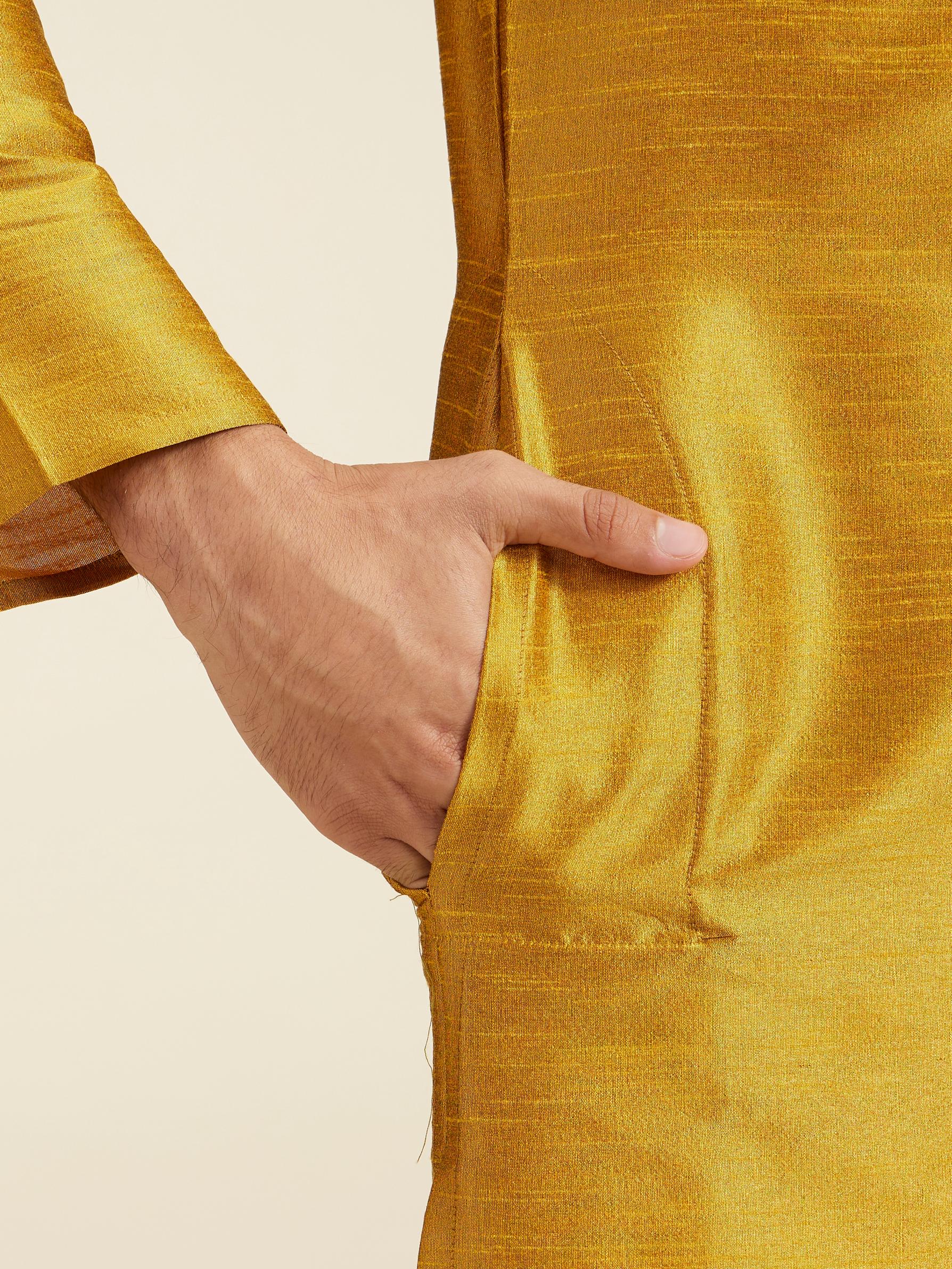 Diwas Men Mustard Yellow Self Textured Kurta with Embroidered Neckline
