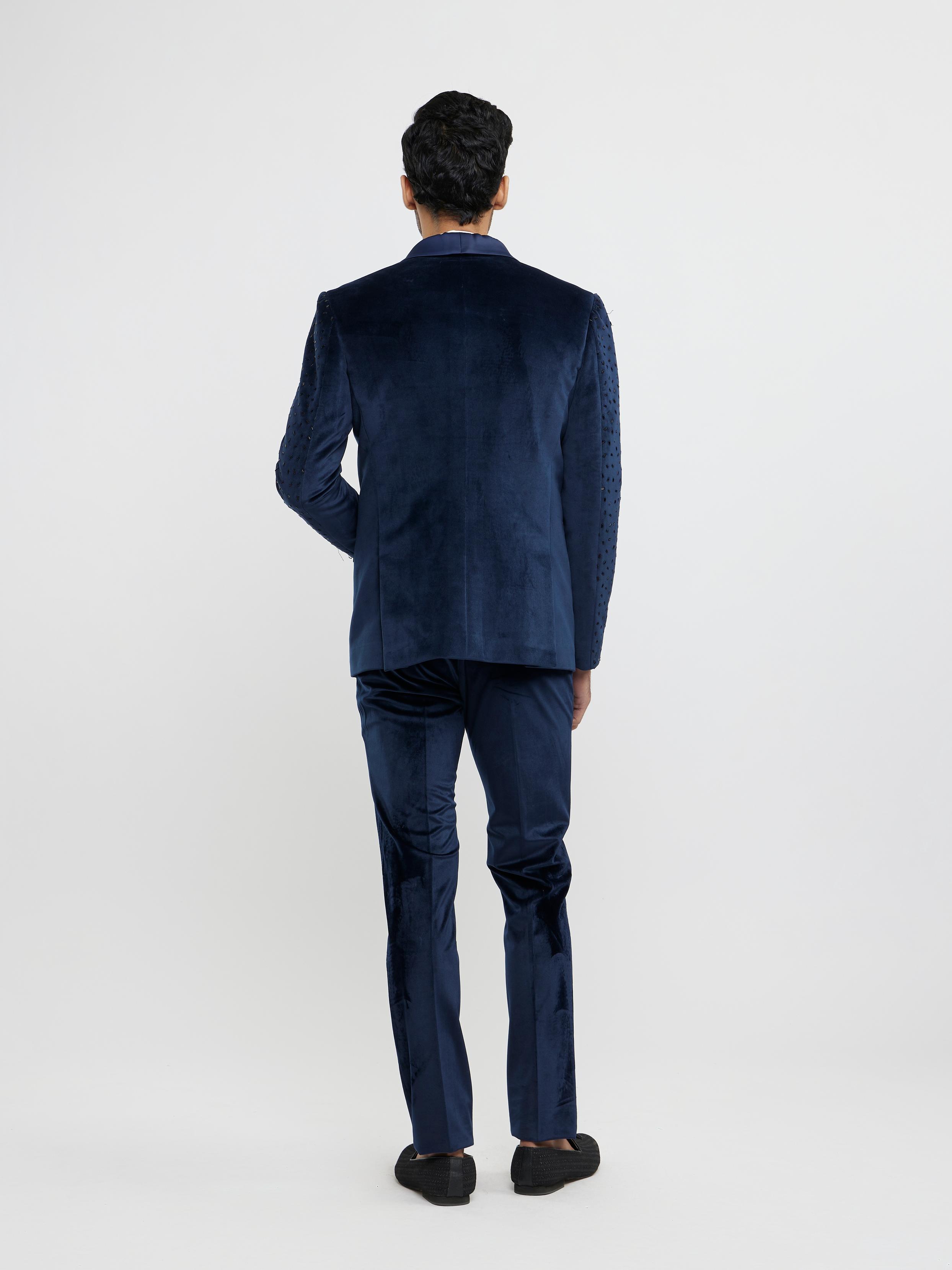 Twamev Men Midnight Blue Cutdana Embellished Tuxedo Suit Set