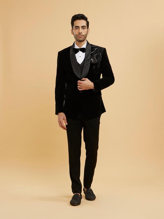 Twamev Men Midnight Black Shawl Collared Sequin Embellished Suit Set