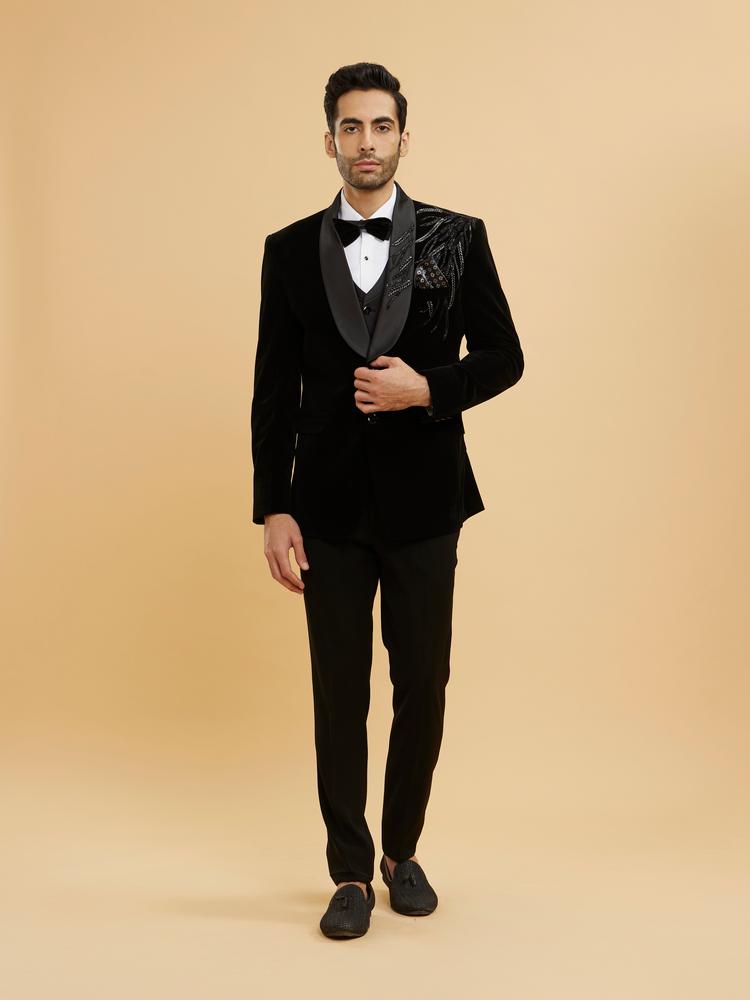 Twamev Men Midnight Black Shawl Collared Sequin Embellished Suit Set