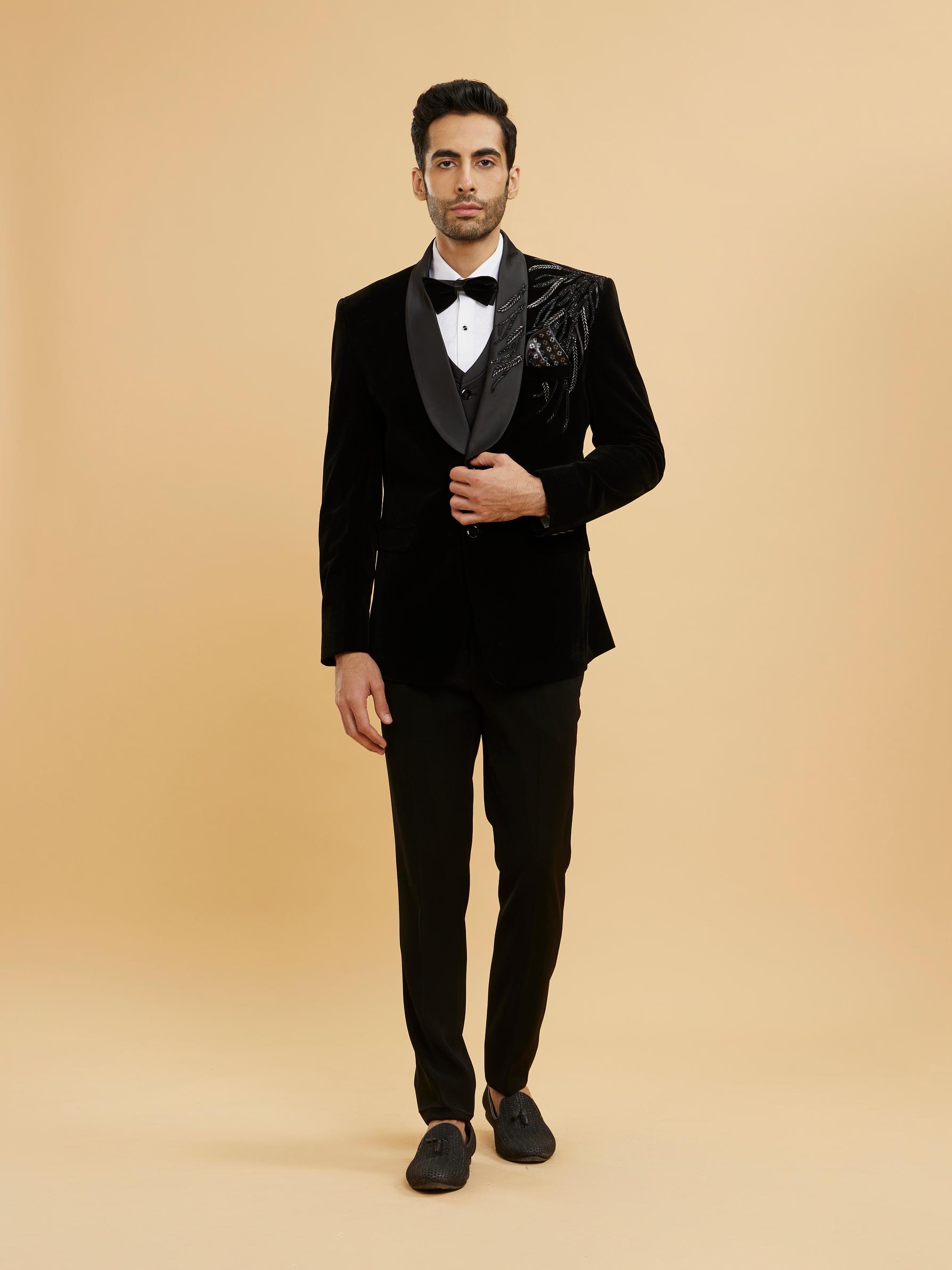 Twamev Men Midnight Black Shawl Collared Sequin Embellished Suit Set