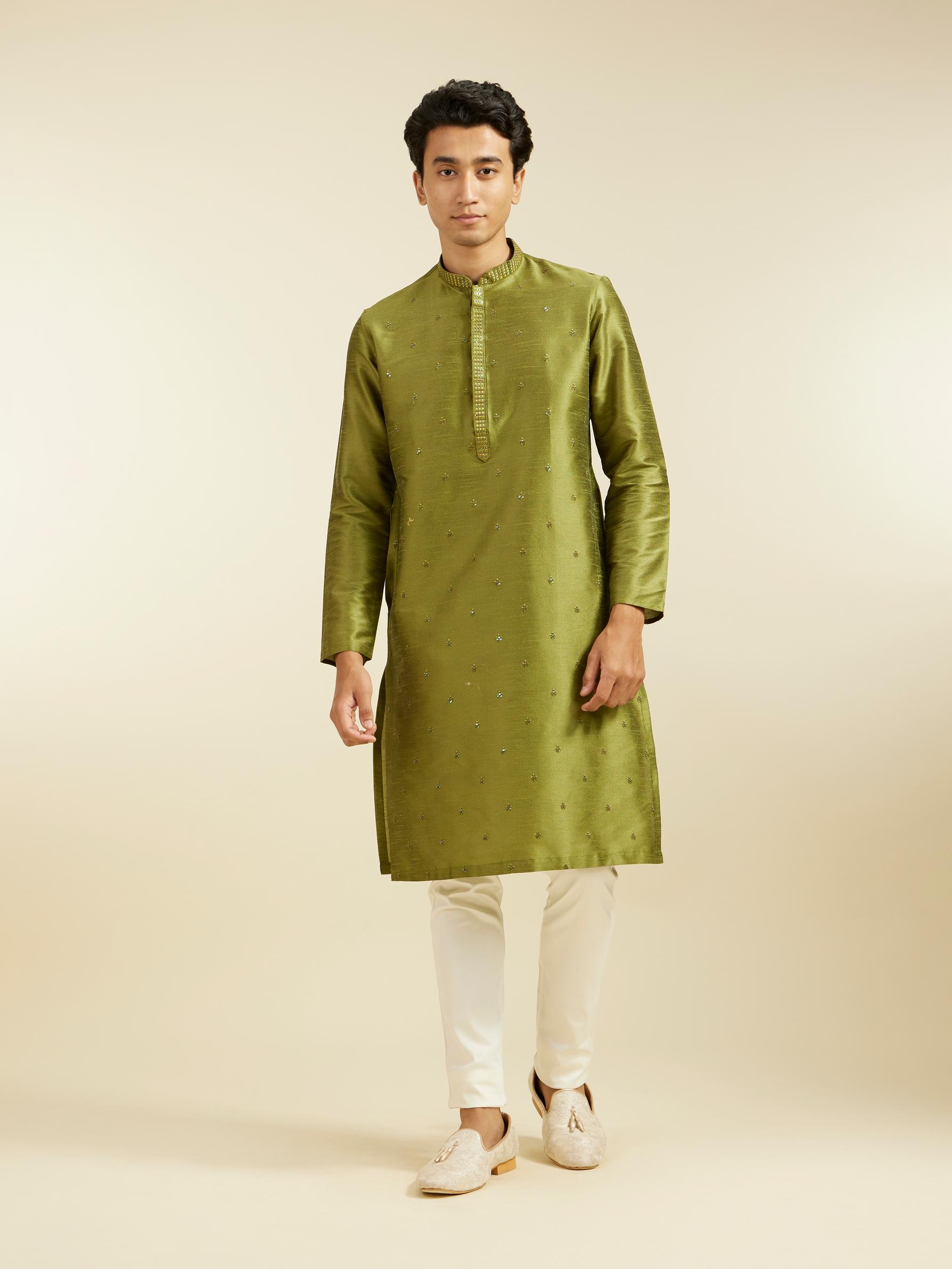 Diwas Men Olive Green Buta Embroidered Kurta with Sequin Work