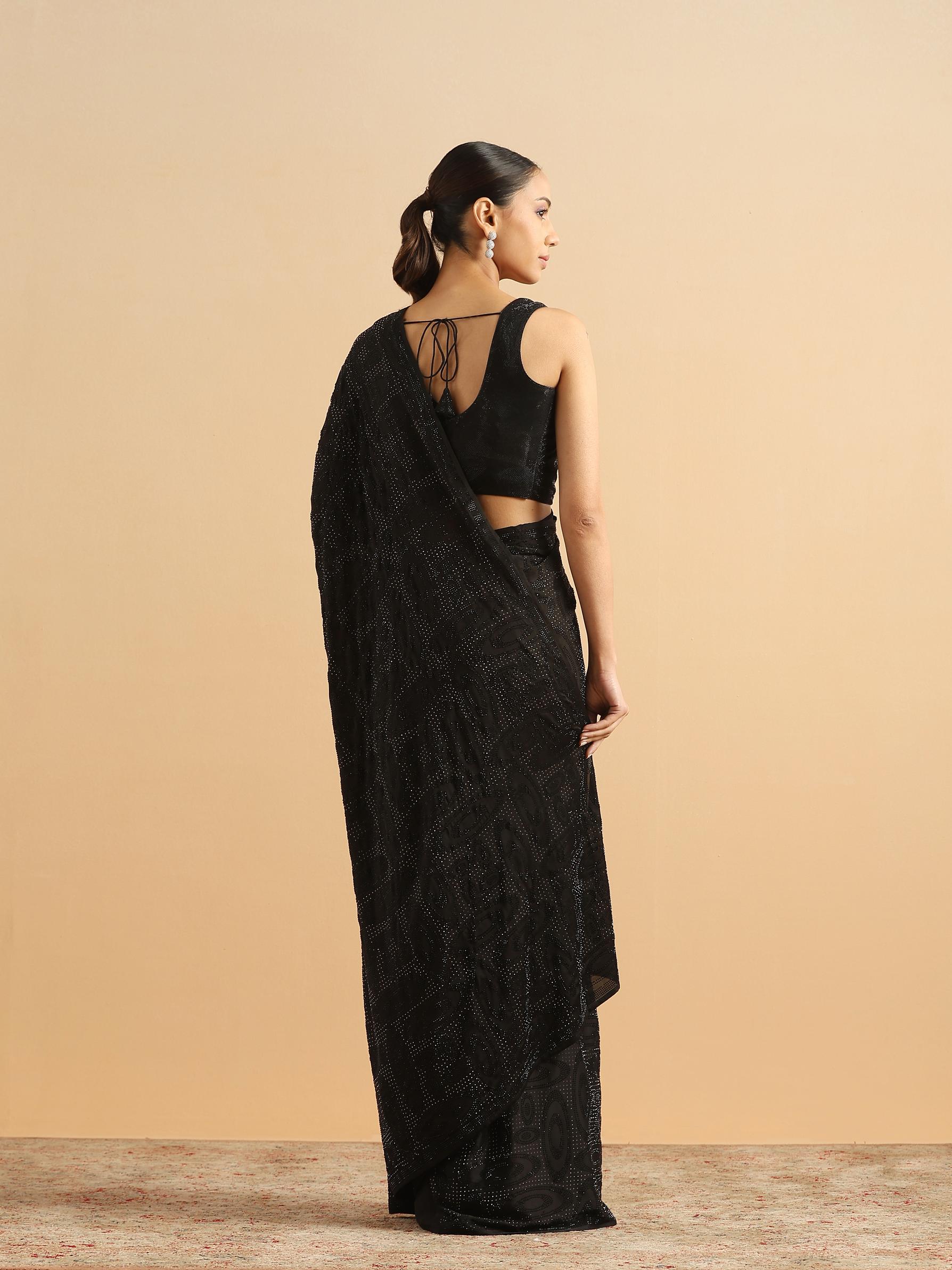Twamev Women Midnight Glamour Black Satin Saree