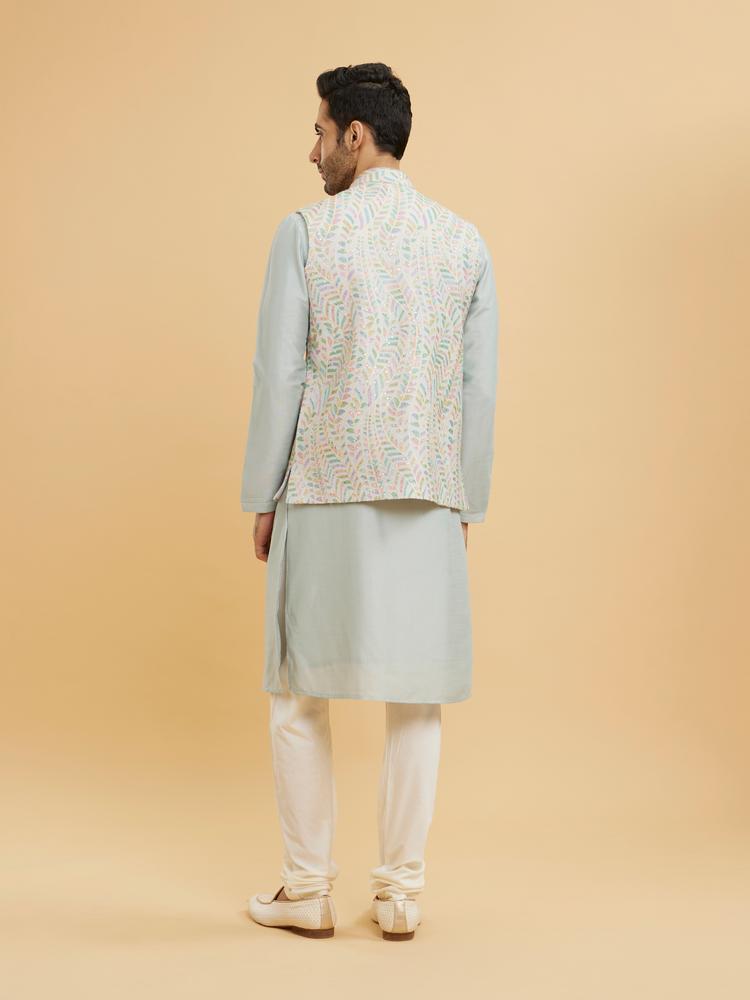 Twamev Men Ash Grey Leaf Patterned Jacket Set with Sequin Work