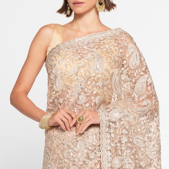Twamev Women Twinkling Sequins Beige Saree