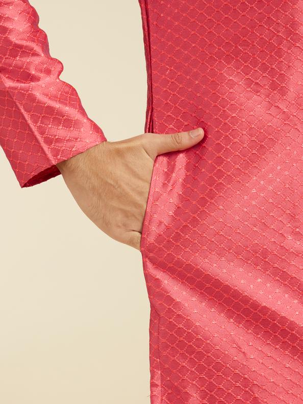 Diwas Men Coral Peach Self Striped & Jaal Patterned Kurta