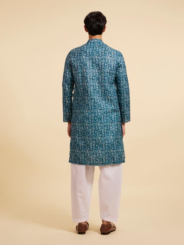 Diwas Men Teal Green Aztec Printed Kurta