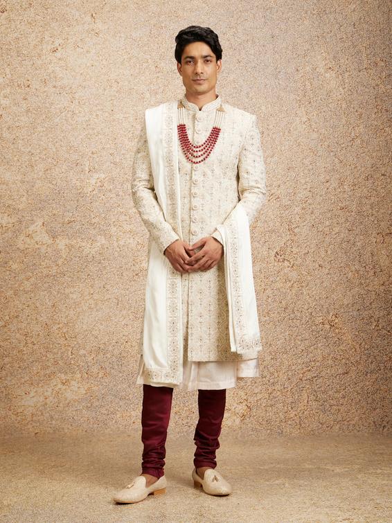 Twamev Men Cream Maroon Floral Trellis Patterned Sherwani Set