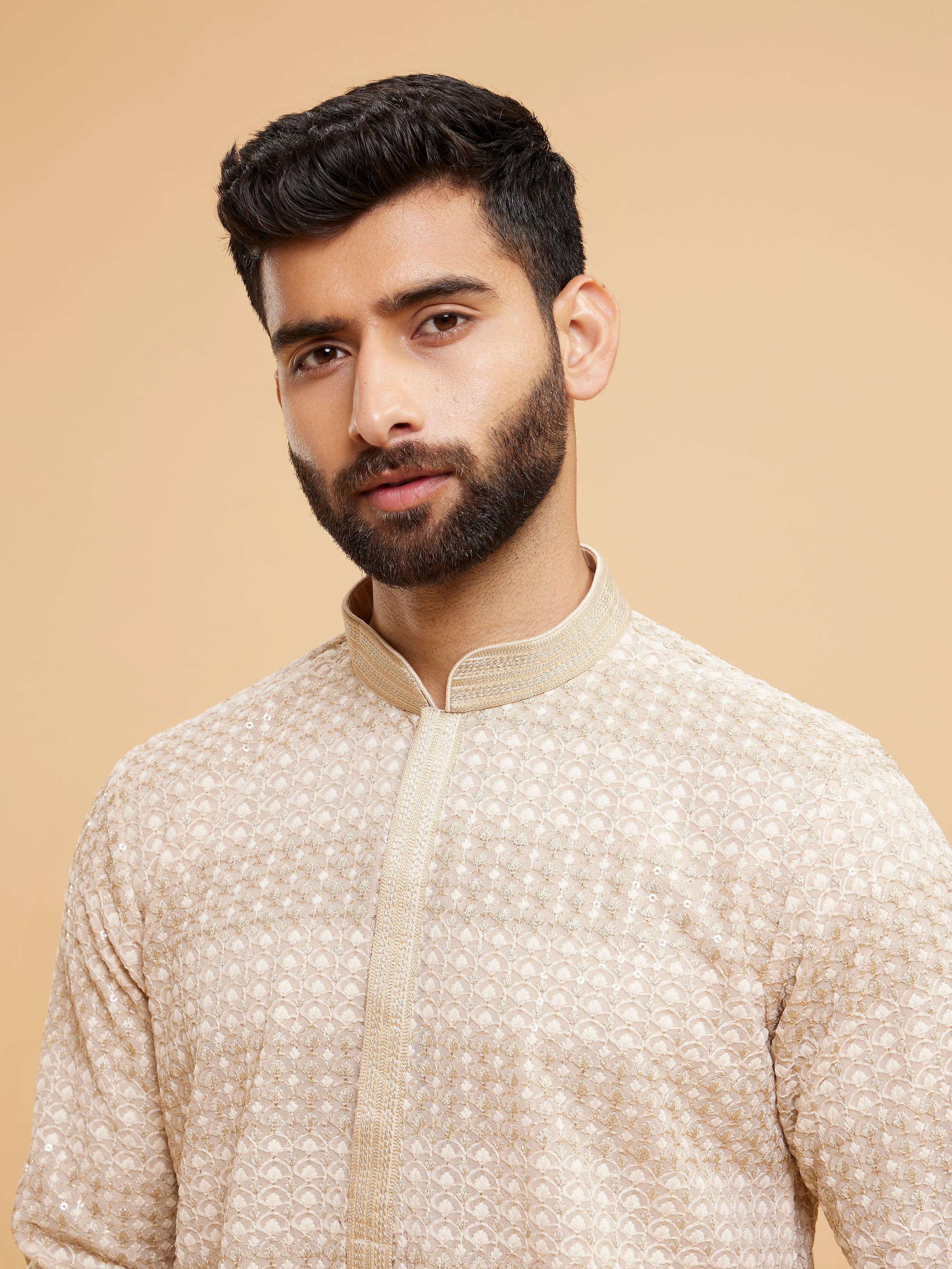 Twamev Men Radiant Beige Georgette Kurta Pajama