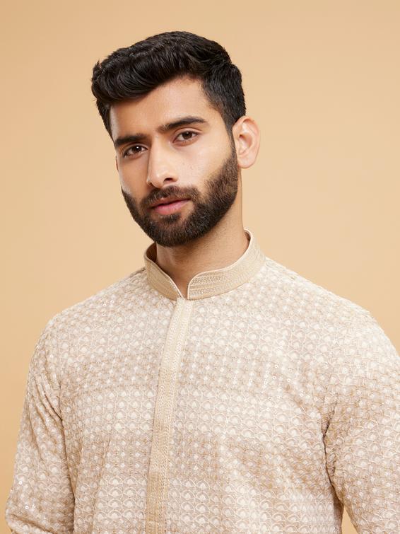 Twamev Men Radiant Beige Georgette Kurta Pajama
