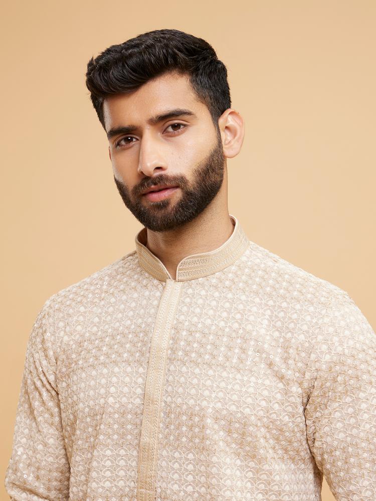 Twamev Men Radiant Beige Georgette Kurta Pajama