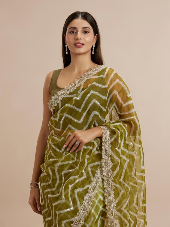 Twamev Women Emerald Organza Charm Saree