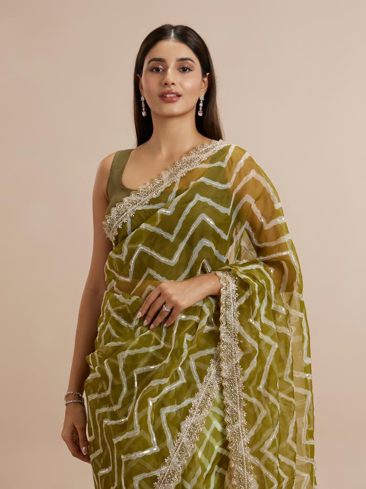 Twamev Women Emerald Organza Charm Saree