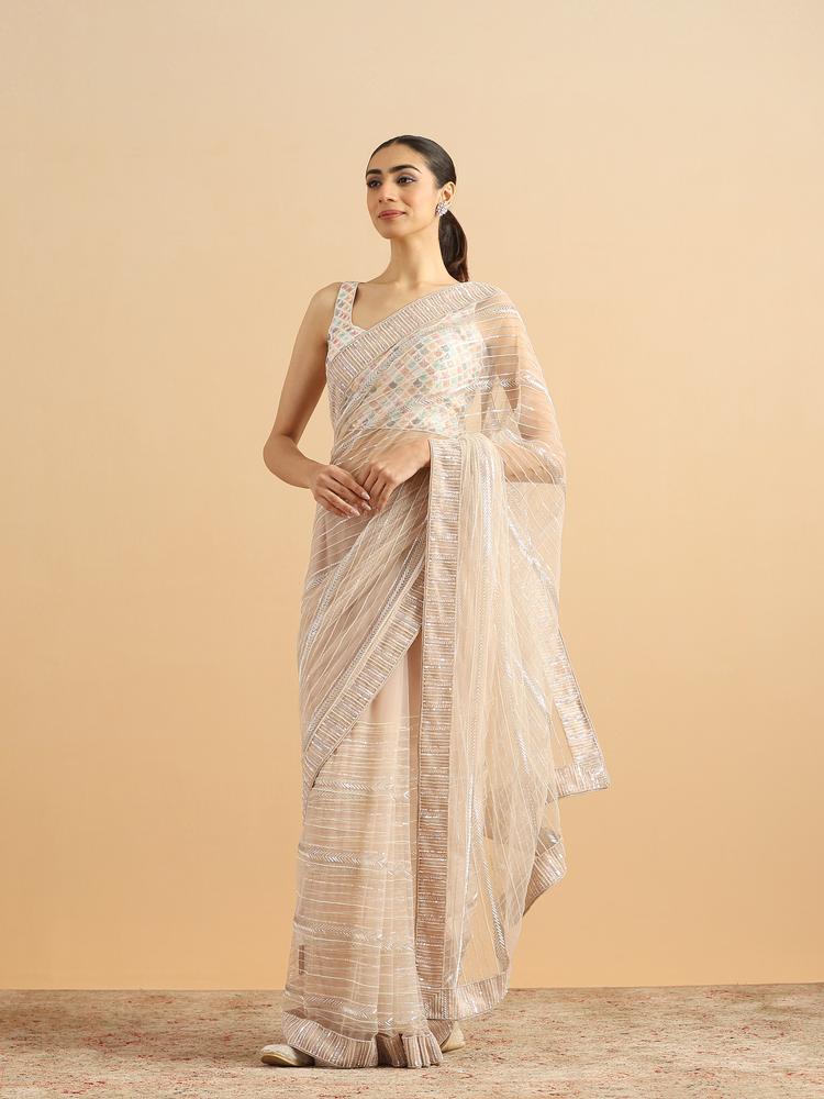 Twamev Women Sequined Shimmery Cream Saree