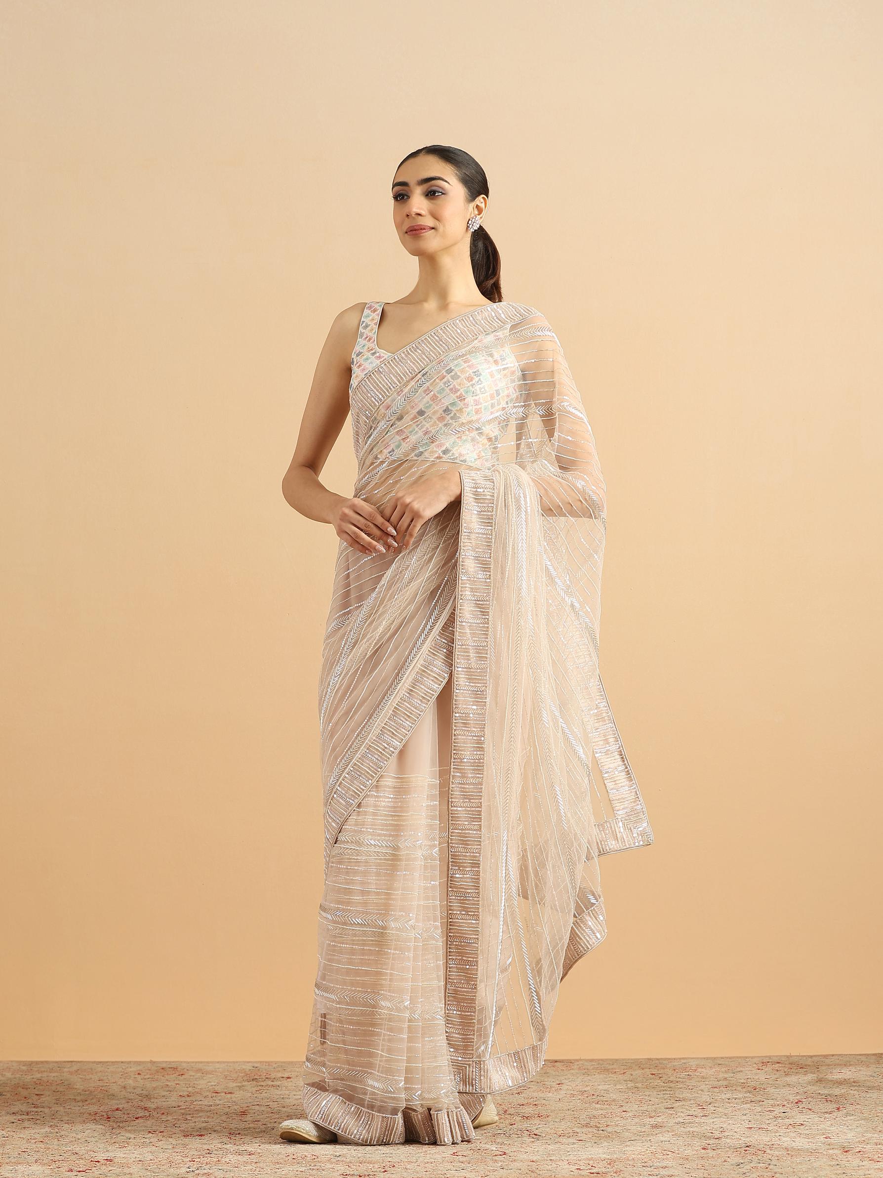 Twamev Women Sequined Shimmery Cream Saree
