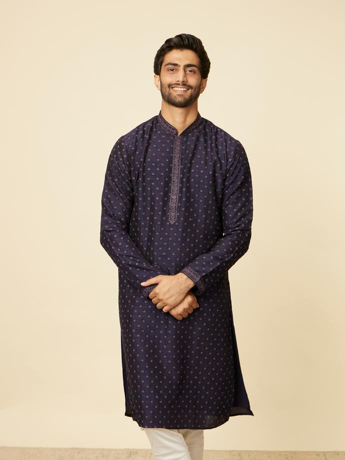 Twamev Men Midnight Blue Self Patterned Kurta Set