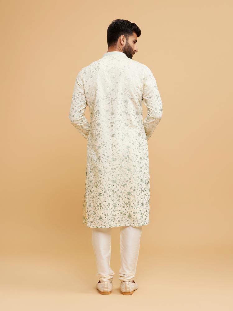 Twamev Men Exquisite Cream and Green Kurta Pajama