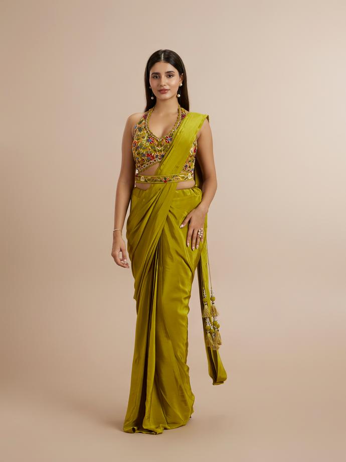 Twamev Women Elegant Green Satin Saree