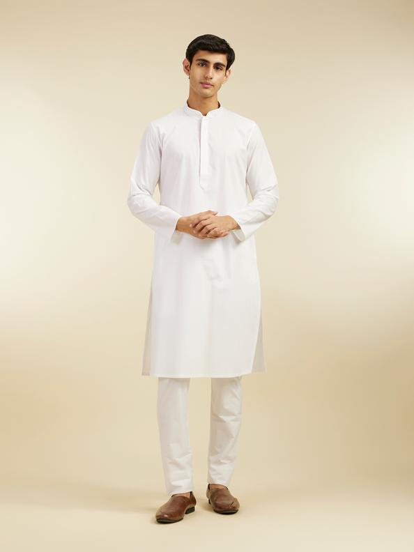 Diwas Men Snow White Plain Classic Kurta with Embroidered Neckline