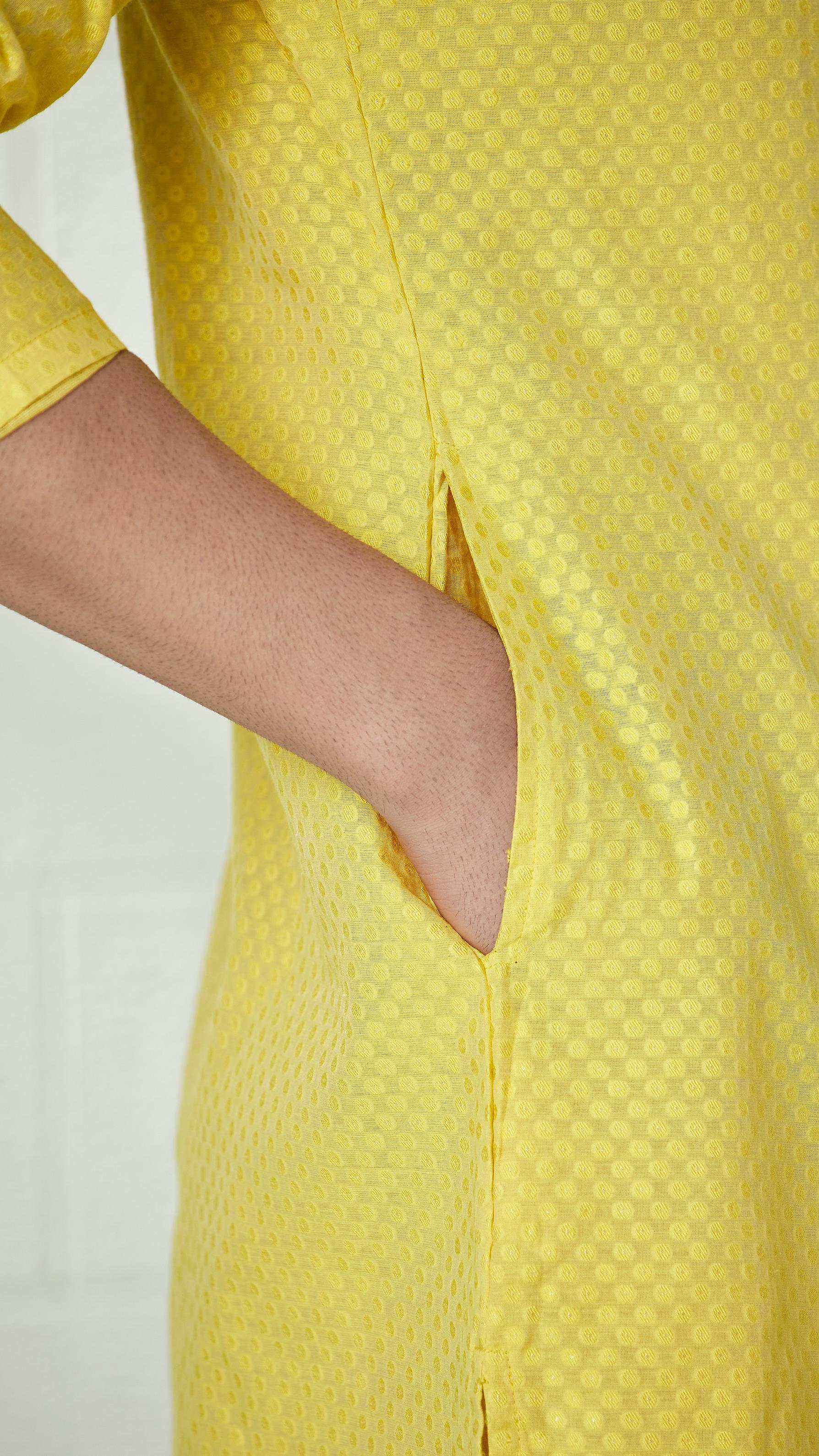 Twamev Men Canary Yellow Self Patterned Kurta Set