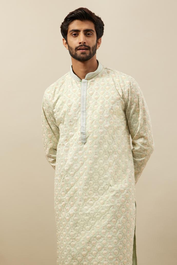 Twamev Men Mint Green Self Embroidered Kurta Set
