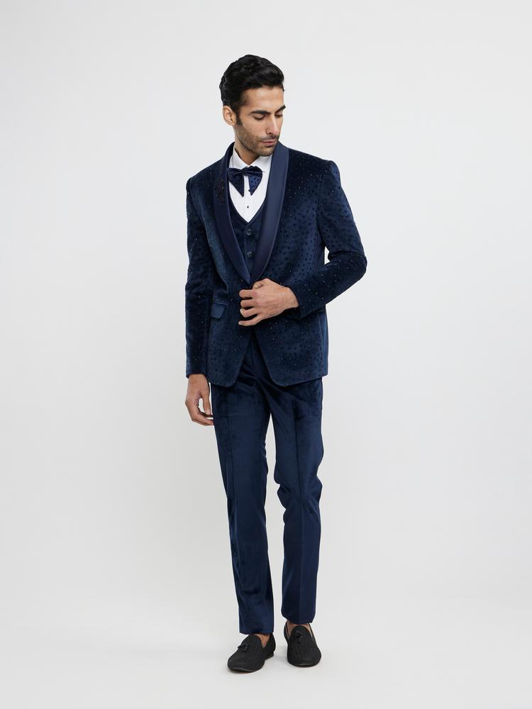 Twamev Men Midnight Blue Cutdana Embellished Tuxedo Suit Set