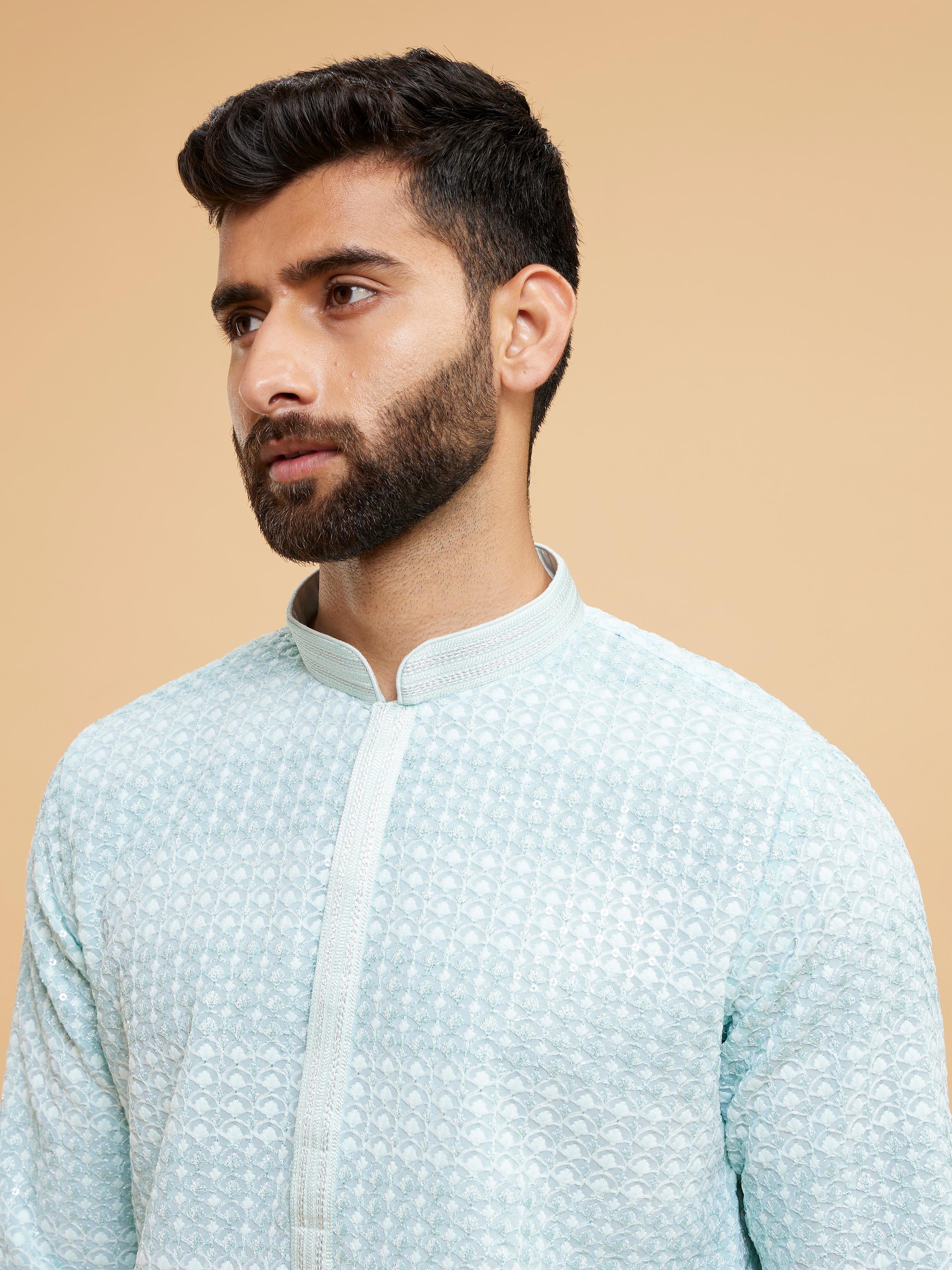 Twamev Men Aqua Green Georgette Kurta Pajama