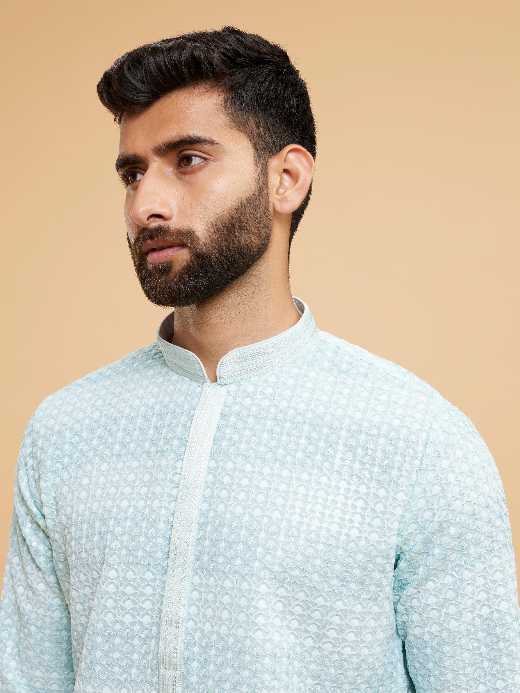 Twamev Men Aqua Green Georgette Kurta Pajama