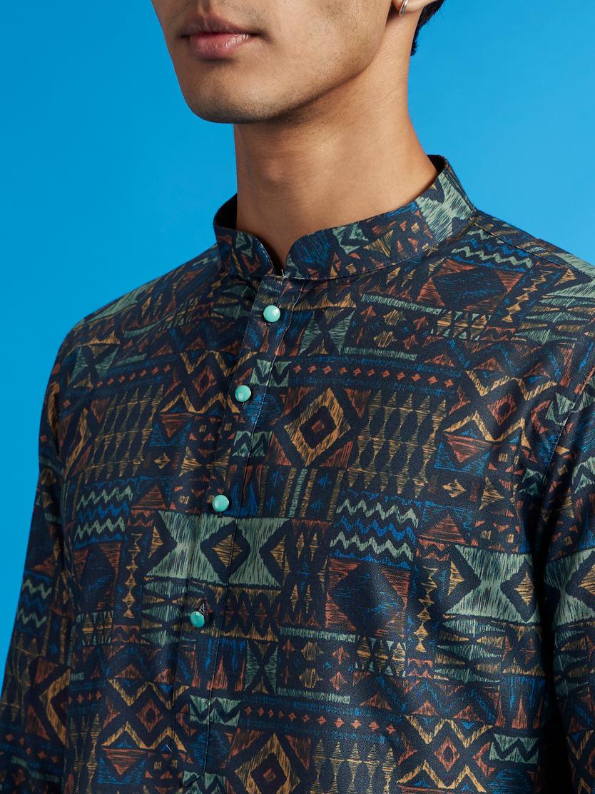 Diwas Men Teal Blue Aztec Printed Kurta