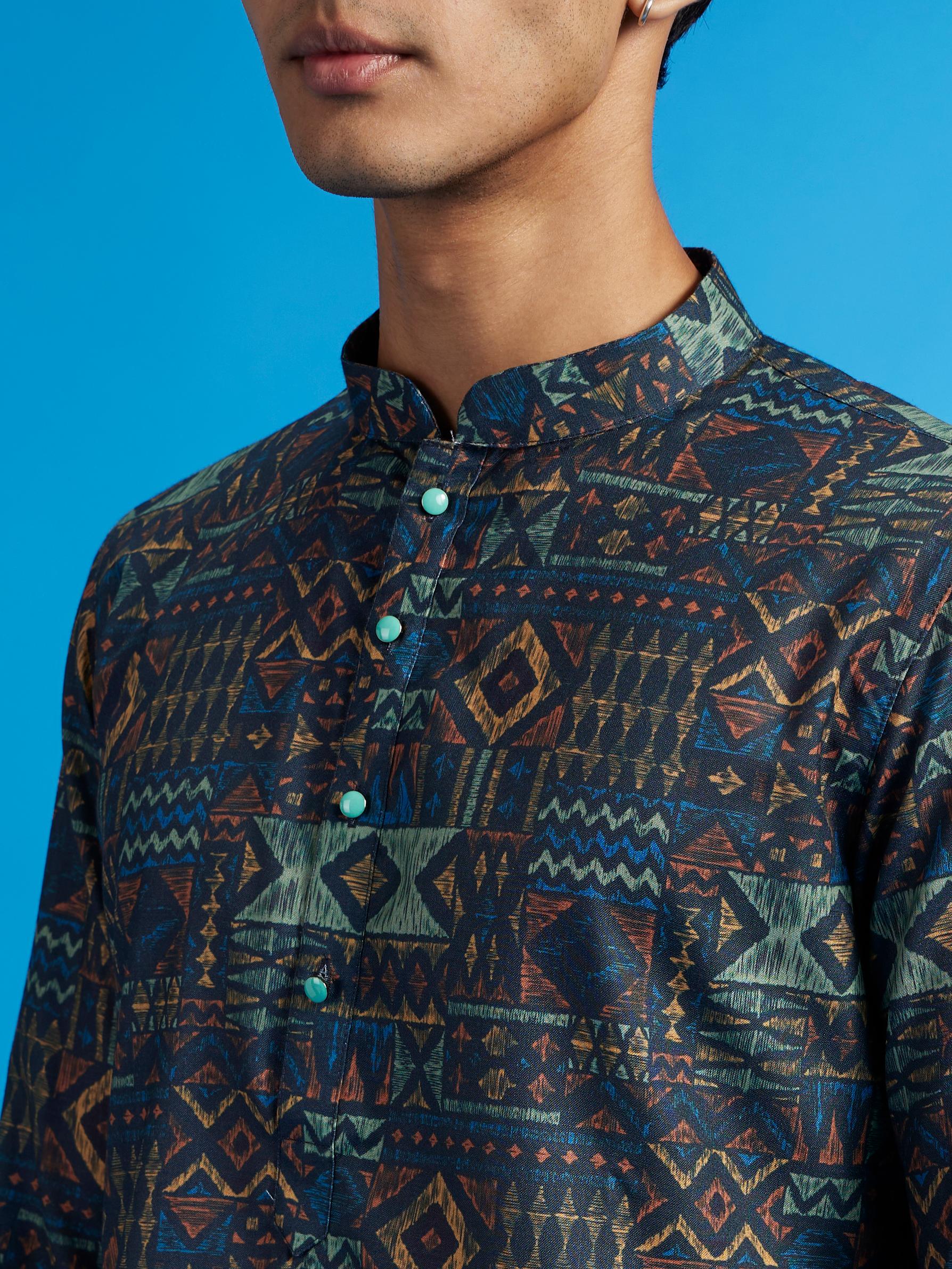 Diwas Men Teal Blue Aztec Printed Kurta