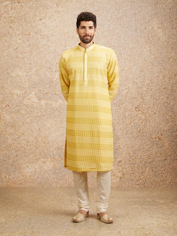 Twamev Men Sparkling Yellow Georgette Kurta Pajama