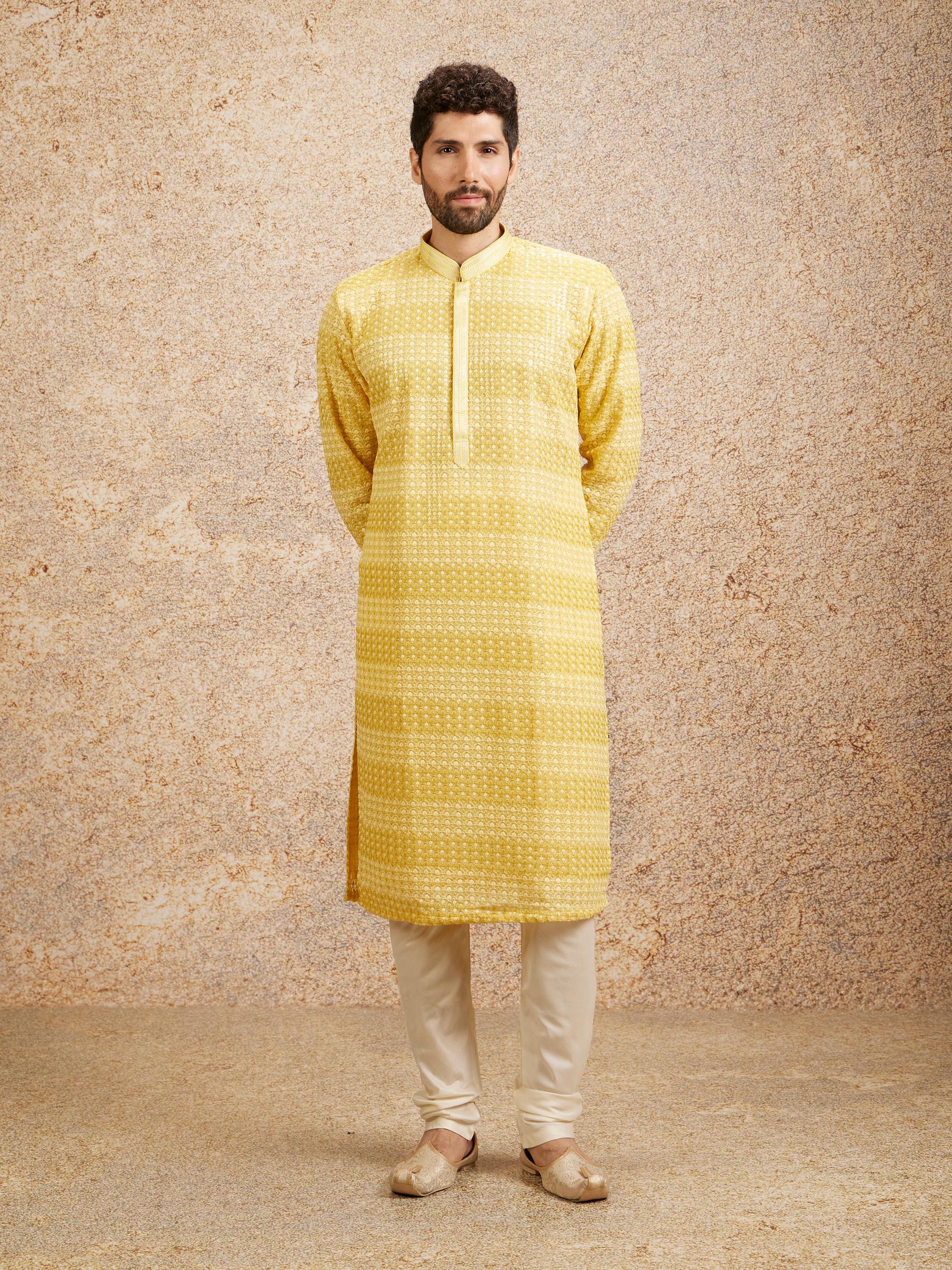 Twamev Men Sparkling Yellow Georgette Kurta Pajama