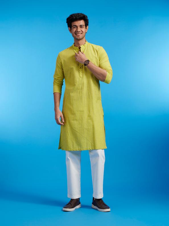 Diwas Men Soft Green Linear Patterned Striped Kurta