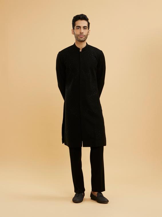 Twamev Men Ebony Black Kurta Set with Cutdana Work