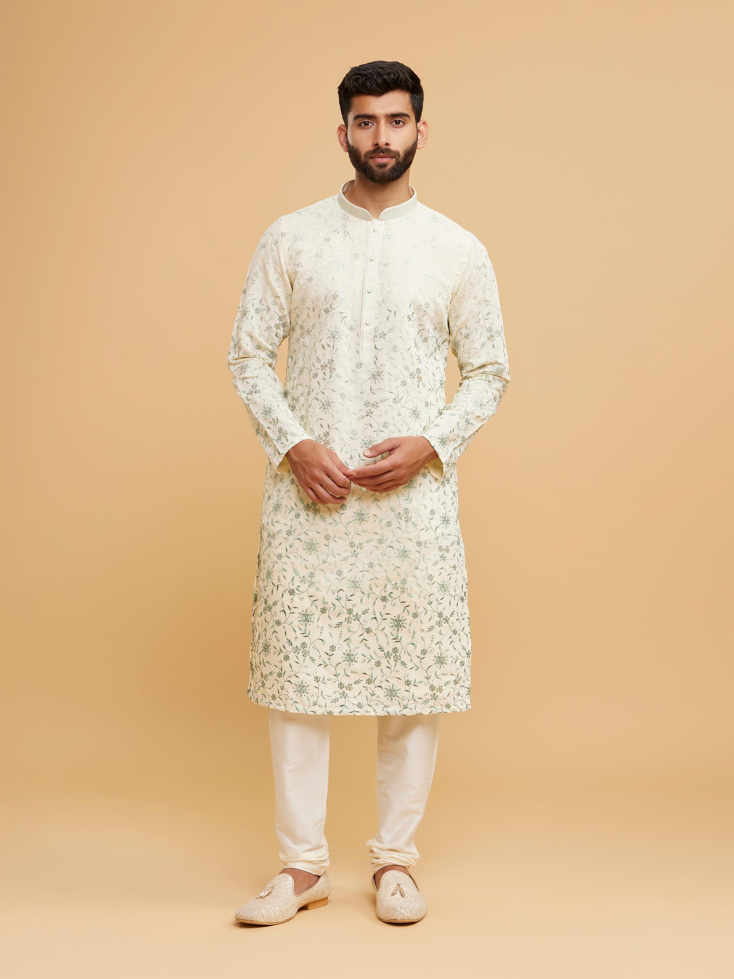 Twamev Men Exquisite Cream and Green Kurta Pajama