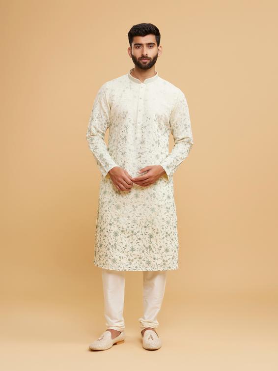 Twamev Men Exquisite Cream and Green Kurta Pajama