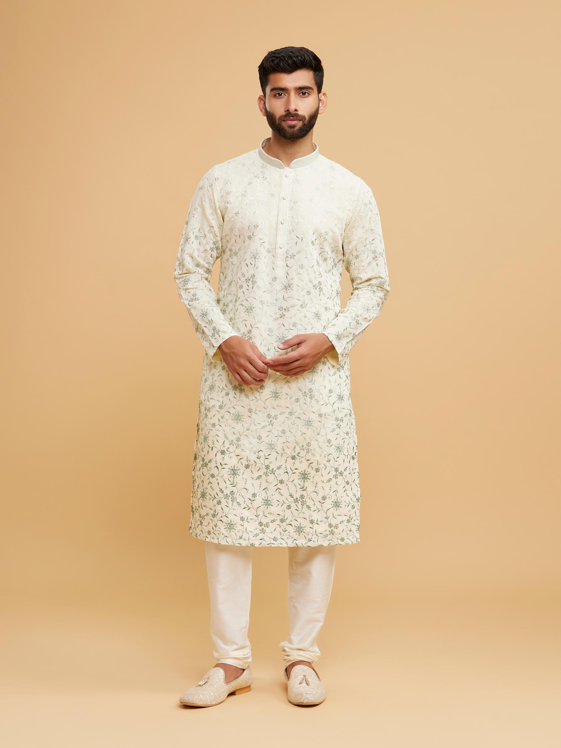 Twamev Men Exquisite Cream and Green Kurta Pajama
