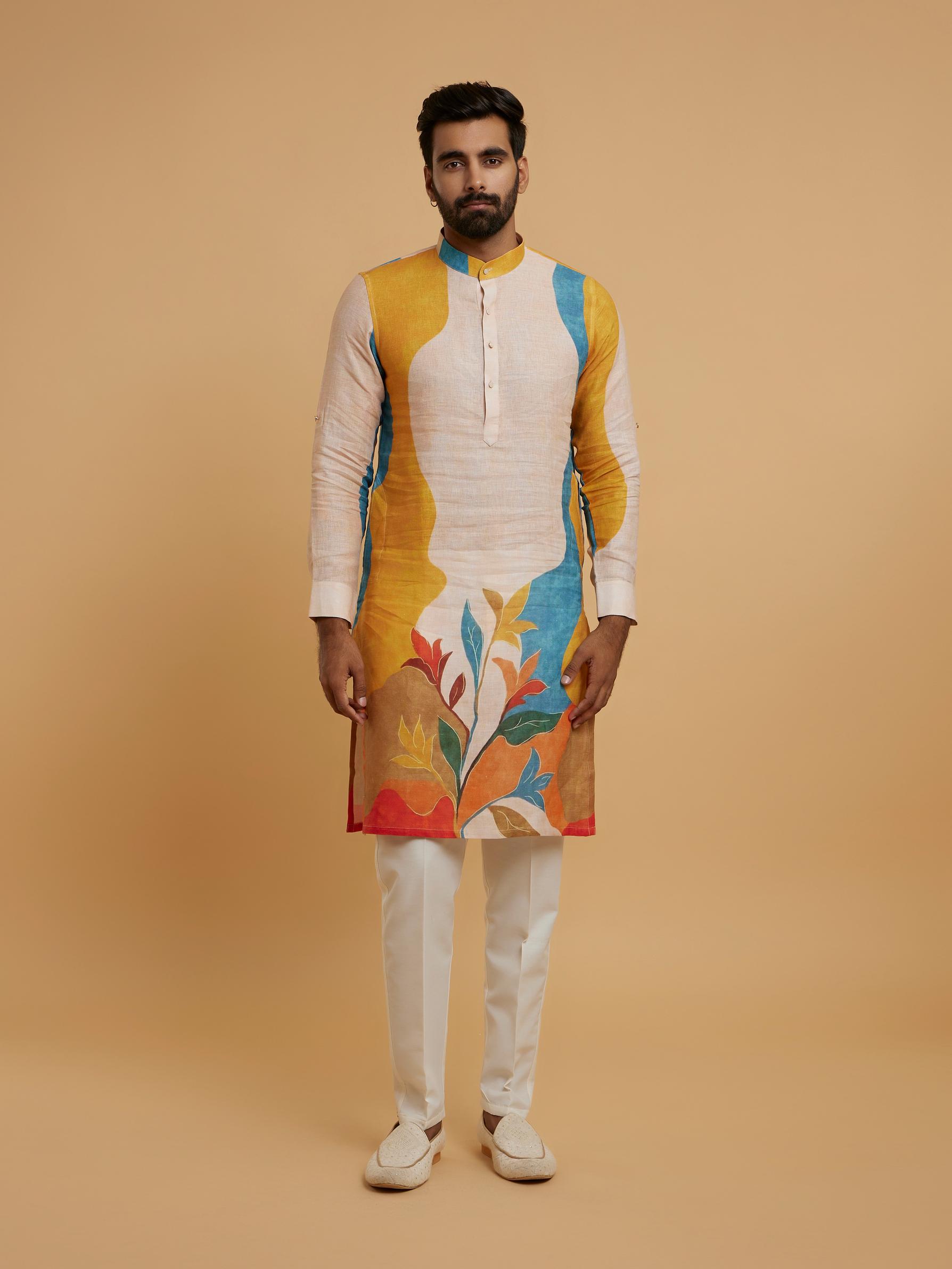 Twamev Men Gleaming Mustard Yellow Kurta Pajama
