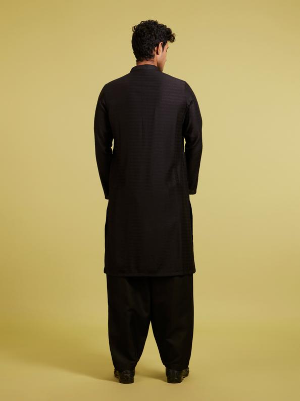 Diwas Men Midnight Black Self Patterned Kurta with Striped Collar