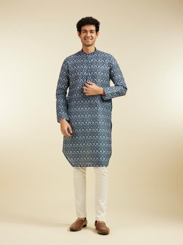 Diwas Men Oxford Blue IKat Print Kurta